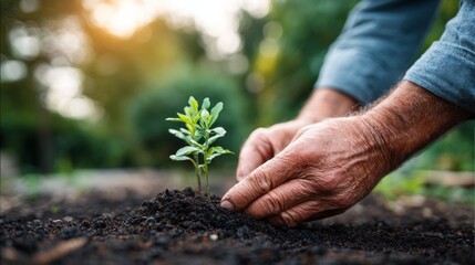 Fototapeta premium A close-up shot of a person's hands gently tending to a young plant sprouting from rich, dark soil. This image evokes themes of growth, care, and sustainability.