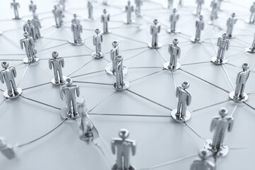 A network of interconnected figures.  Many small, light gray figures, connected by thin lines