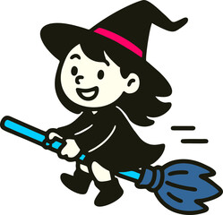 Cute Cartoon Style Witch Riding Broomstick Halloween Character Illustration