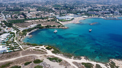 Fototapeta premium Drone view of Peyia on sunny summer day. Cyprus.