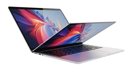 Open laptop with colorful abstract wallpaper isolated on transparent background