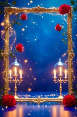 Ornate gold frame adorned with red roses set against a starry blue background. Golden swirls and glittery accents surround the frame. Two elegant gold candelabras with lit candles flank the frame.