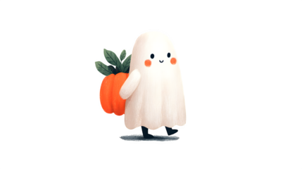 Cute ghost carrying pumpkin in friendly Halloween design, isolated on white background