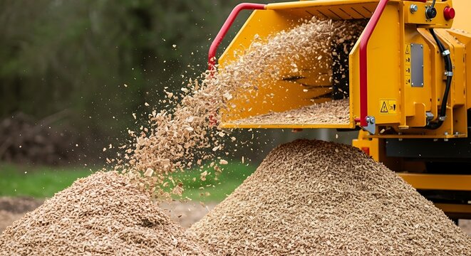 Powerful yellow industrial wood chipper machine processing tree branches into a large pile of fresh woodchips.