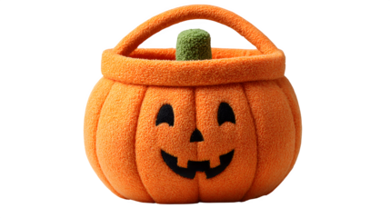 Cute orange pumpkin treat bucket toy with handle, isolated on white background
