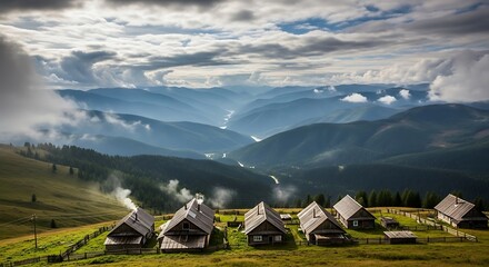 Rustic wooden cabins on a green mountain slope overlooking a vast valley under a dramatic cloudy sky.