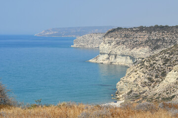 View of Zapallo Bay (and small piece Kourion Beach) from Ancient Kourion on sunny summer day. Episkopi, Cyprus.