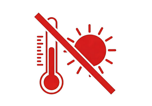 No sun icon and thermometer symbol indicating avoidance of high temperatures and direct sunlight for safety and comfort isolated on transparent background