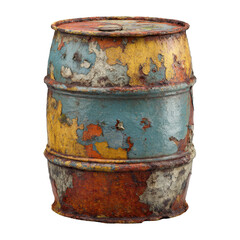 Obraz premium Rusty vintage barrel with peeling paint in blue, orange, and yellow hues against a neutral background