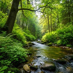 Obraz premium Flowing river in dense green forest