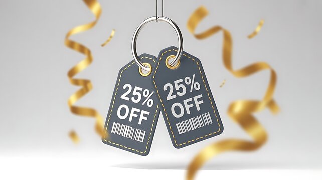 Two dark gray discount tags with 25 off text hanging on a ring with golden confetti and ribbons isolated on white background