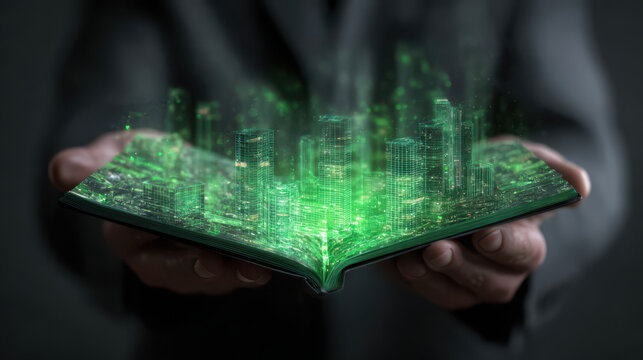 Futuristic hologram green city concept innovation sparks within glowing urban vision book