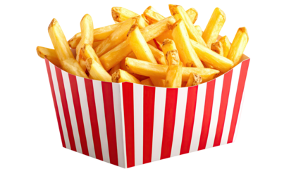 Crispy french fries in a red and white striped cardboard container