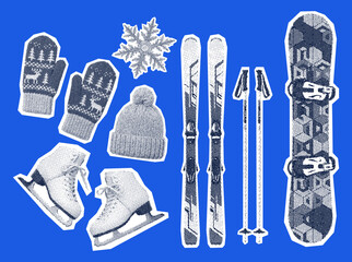 collection of winter elements, ski, snowboard, ice skates, beanie hat, snowflake, mittens, retro halftone style illustration set, collage poster
