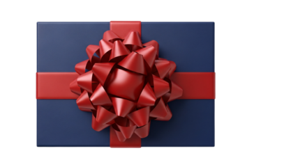 Dark blue gift box with red ribbon and bow isolated on transparent background