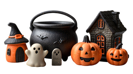 Decorative Halloween objects including cauldron, ghost, witch house, pumpkin, and tombstone, isolated on white background