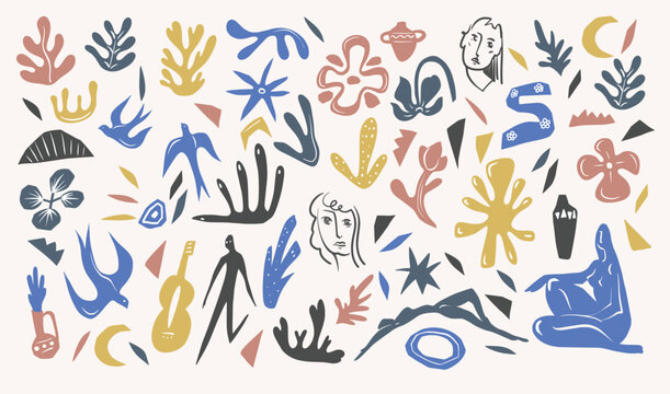 Colorful abstract elements with figures, birds and plants. Vector