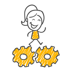 Cooperative and efficient worker smiling while collaborating and coordinating with mechanical gears at the workplace.