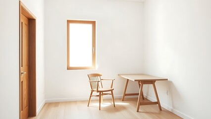 A minimalist wooden office corner with a single chair and natural light on white walls.