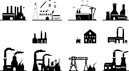 Naklejka premium Industrial flat icon set in black and white style | factory, tools, machinery, engineering symbols.
