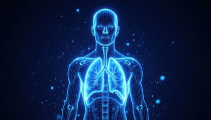 Glowing Blue Wireframe Human Lungs: Medical, Science, Technology Concept