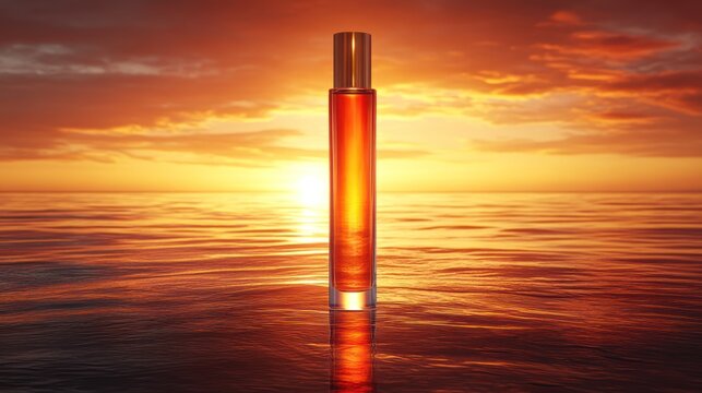 Amber perfume bottle on a fiery sunset ocean