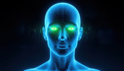 Futuristic AI Woman, Digital Head, Glowing Green Eyes, Abstract Network, Dark Background