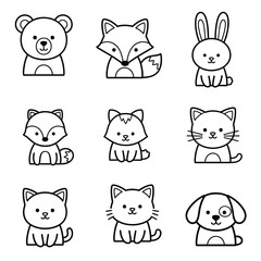 A charming collection of cute cartoon woodland and domestic animal outlines, including a bear, fox, rabbit, cat, and dog for coloring