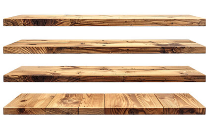 Four wooden shelves, top-down view.  Natural wood grain, varying shades