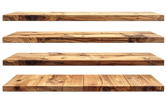 Four wooden shelves, top-down view.  Natural wood grain, varying shades