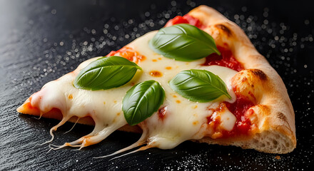Mouthwatering pizza slice with fresh basil and gooey mozzarella cheese, perfect for restaurant menus or food blogs, tempting culinary delight, appetizing Italian cuisine