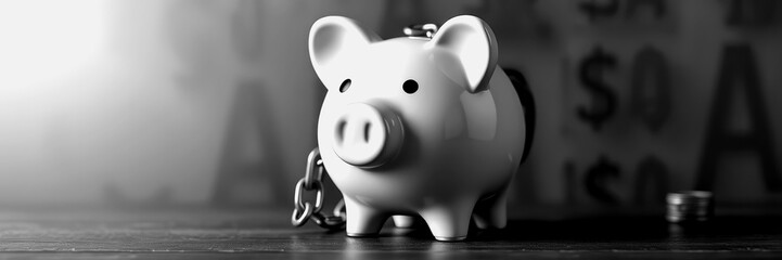 Piggy bank with coins on wooden table