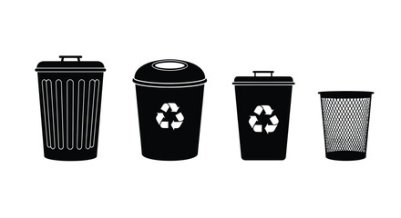 Diverse collection of recycling bins and trash cans in black and white line art style vector
