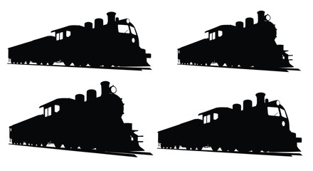 Four silhouette views of classic steam locomotives on tracks ready for travel vector © mahafuza