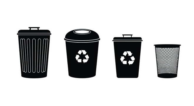 Diverse collection of recycling bins and trash cans in black and white line art style vector