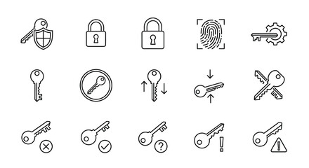 Set of security and access icons featuring keys locks and fingerprint scanner for digital safety concepts vector