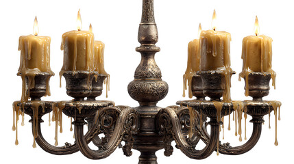 Elegant antique candelabra with dripping wax candles, gothic style, isolated on white background