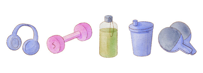 Fitness clipart with dumbbells, resistance bands, water bottles and gym accessories isolated on transparent background PNG