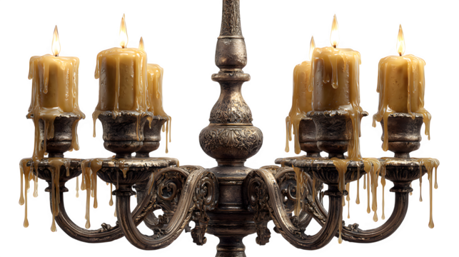 Elegant antique candelabra with dripping wax candles, gothic style, isolated on white background
