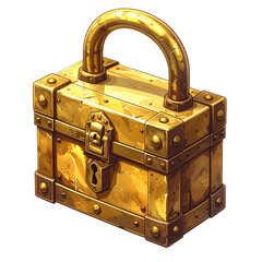 Gold-colored lockbox, ornate and aged,  with a  large loop