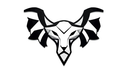 Stylized black and white graphic of a majestic feline creature with large, angular wings.