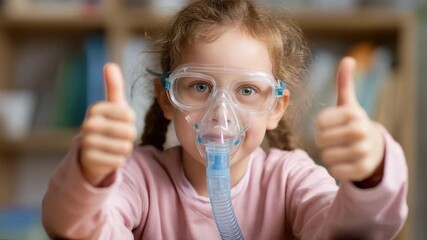 Young child wearing oxygen mask and safety goggles giving thumbs up with positive and hopeful expression, respiratory healthcare and medical support concept in indoor setting - Powered by Adobe