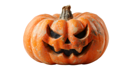 Evil jack-o-lantern pumpkin with sharp glowing eyes, isolated on white background
