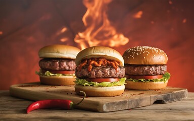 Juicy gourmet burgers sizzling with chili fire, perfect for your next culinary ad campaign