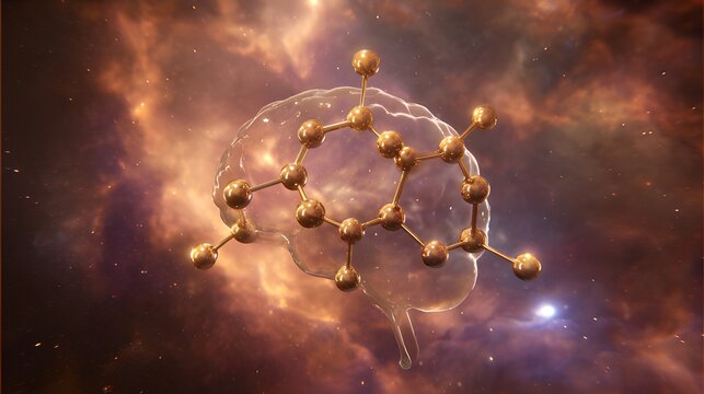 A golden molecular structure of spermidine floating above a brain-shaped nebula, glowing with energy.