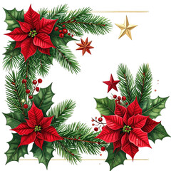 Christmas floral wreath design with poinsettias, pine, holly, and stars
