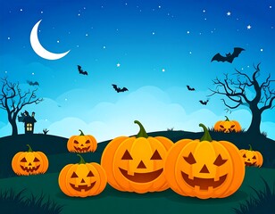 Enchanting Halloween night with smiling pumpkins, bats, and a spectral moon