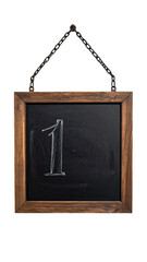 A square, wooden-framed chalkboard hangs.  A single, chalk-drawn "1" is visible