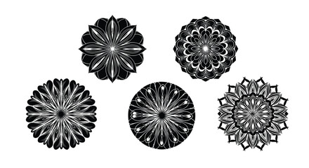 Five intricate black mandala designs offering abstract floral patterns and geometric symmetry vector