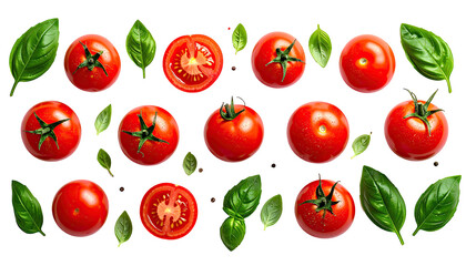Red tomatoes and basil leaves arranged in a grid pattern on a black background.  